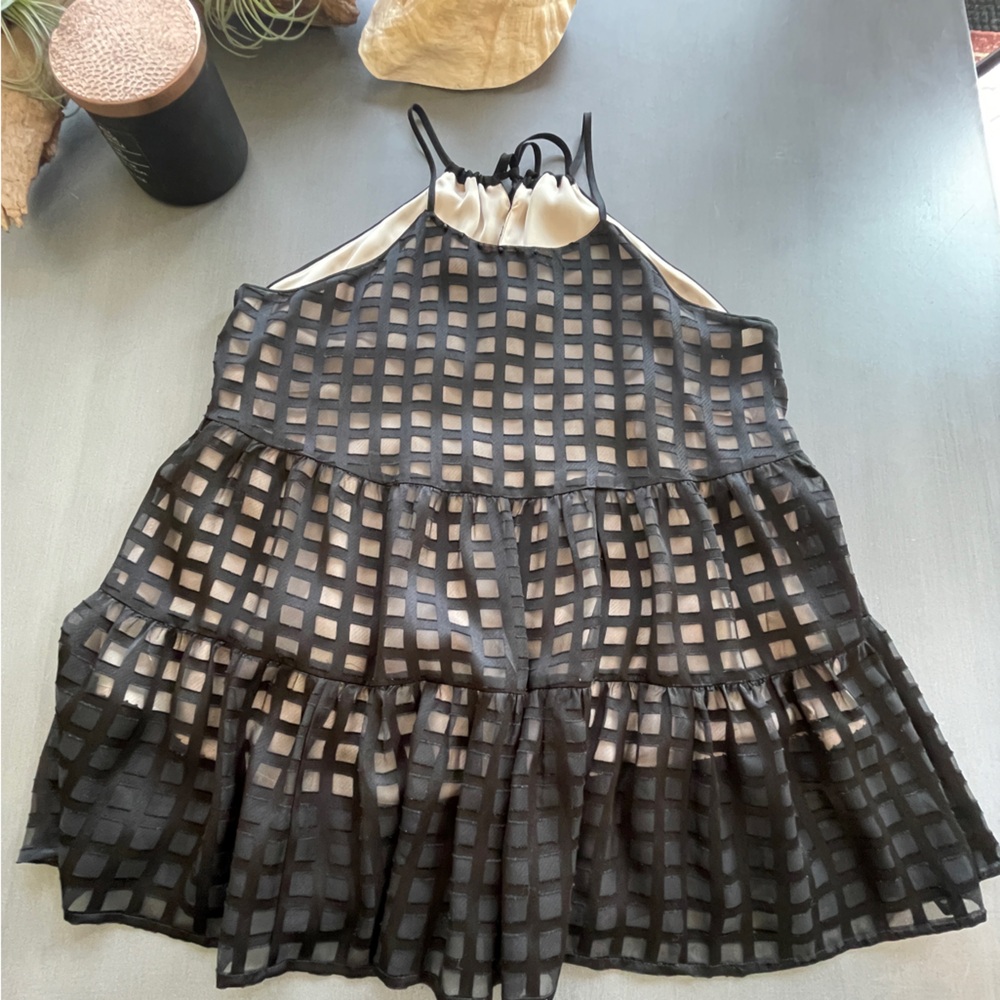 HD In Paris for Anthropologie Black Mesh Satin Checkered Strappy Top size xs